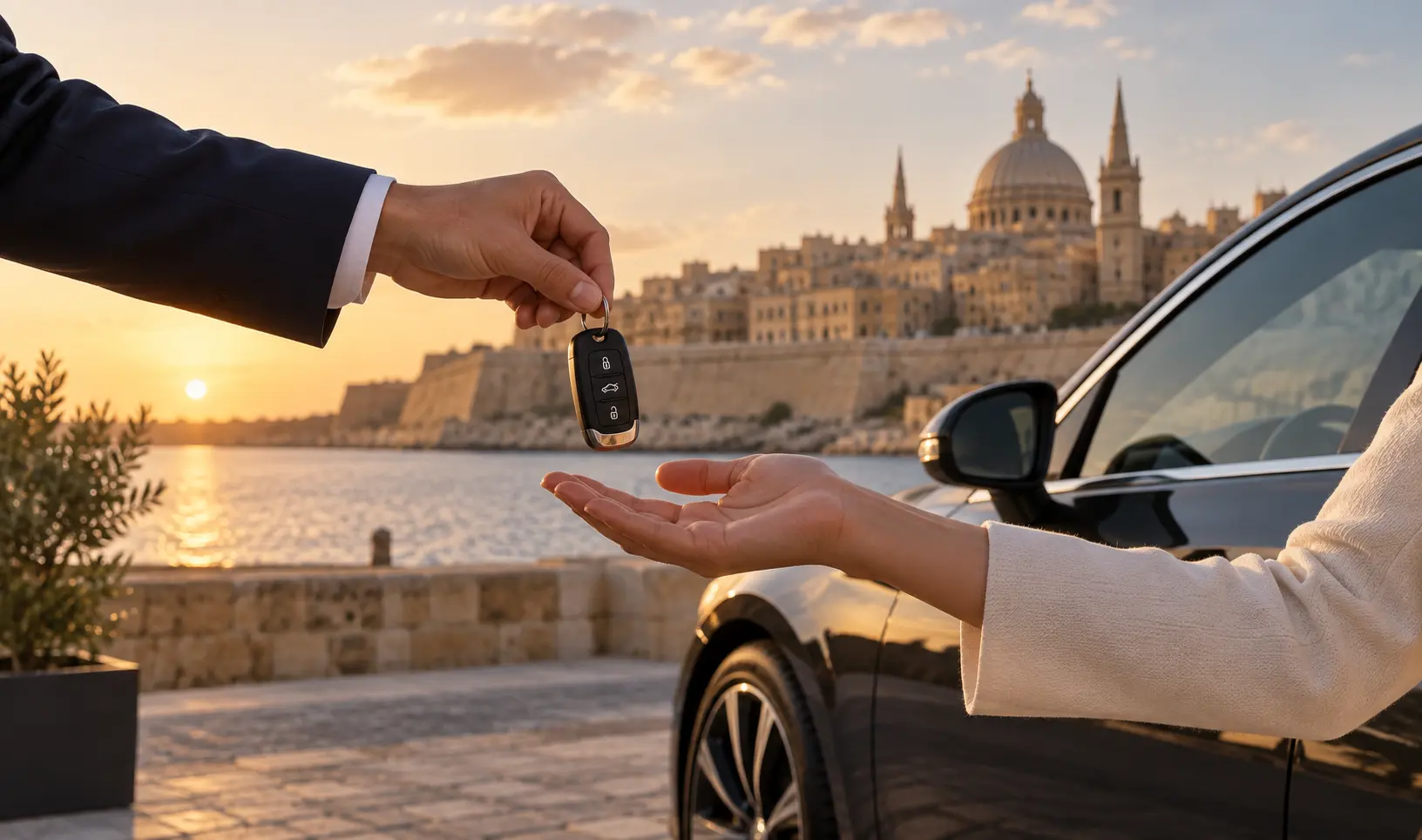 Car keys handed over beside a black car on the waterfront, with Valletta behind at sunset