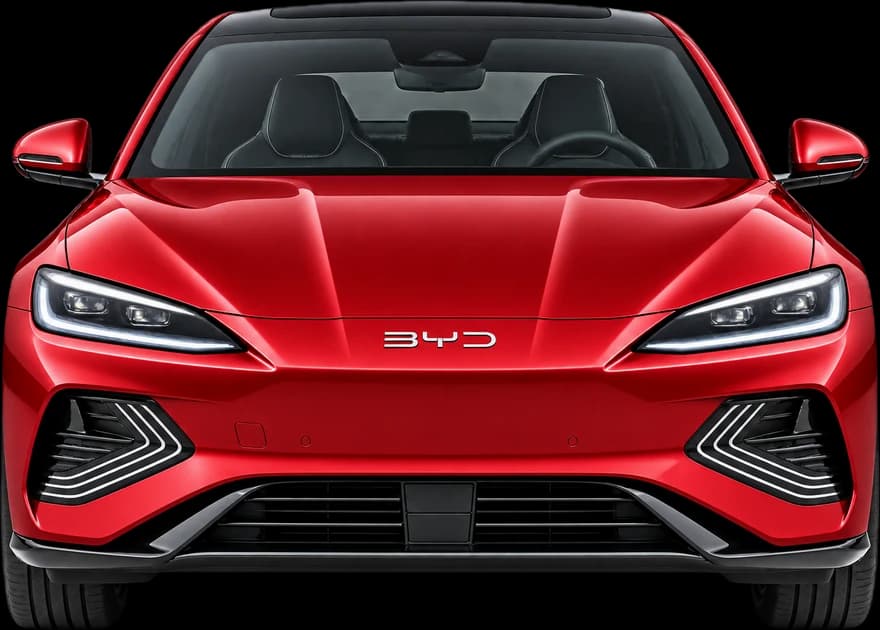 Red electric car, seen from the front