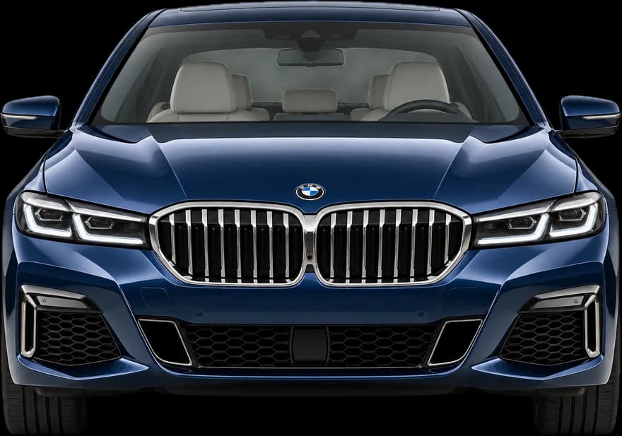 Dark blue executive saloon, seen from the front